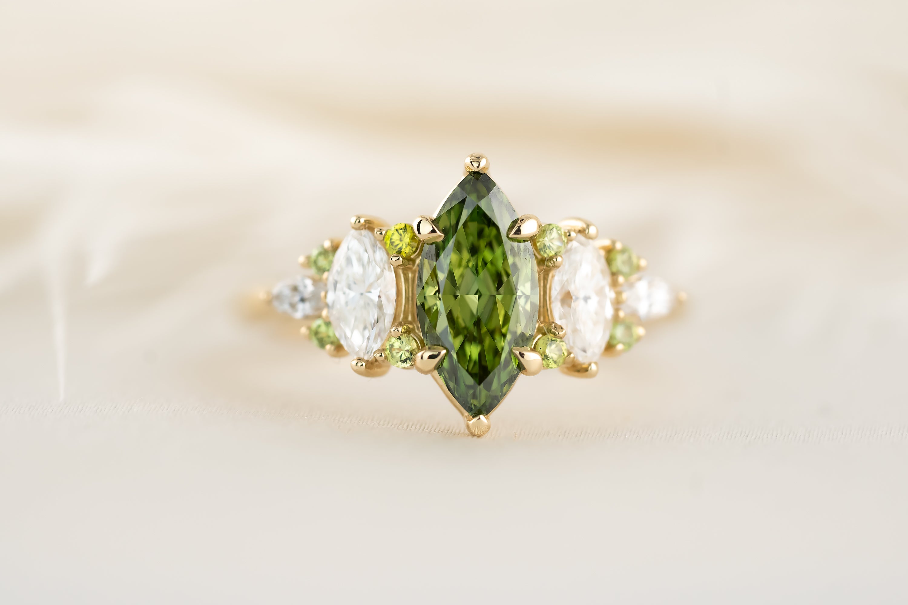 The Maeve Ring - 1 CT Marquise Green Lab Diamond + Demantoid Garnet - Lavender Creek Gems