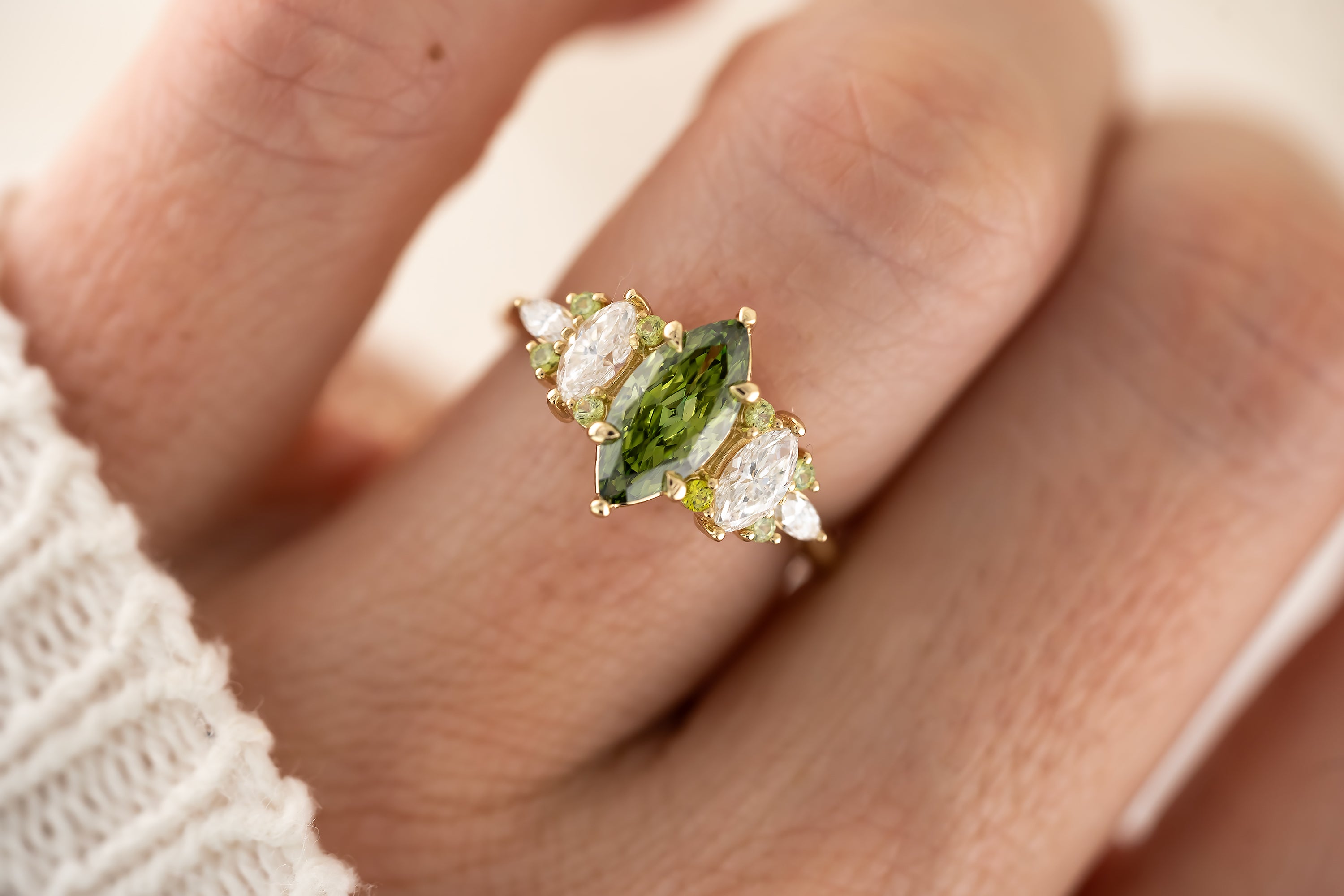 The Maeve Ring - 1 CT Marquise Green Lab Diamond + Demantoid Garnet - Lavender Creek Gems