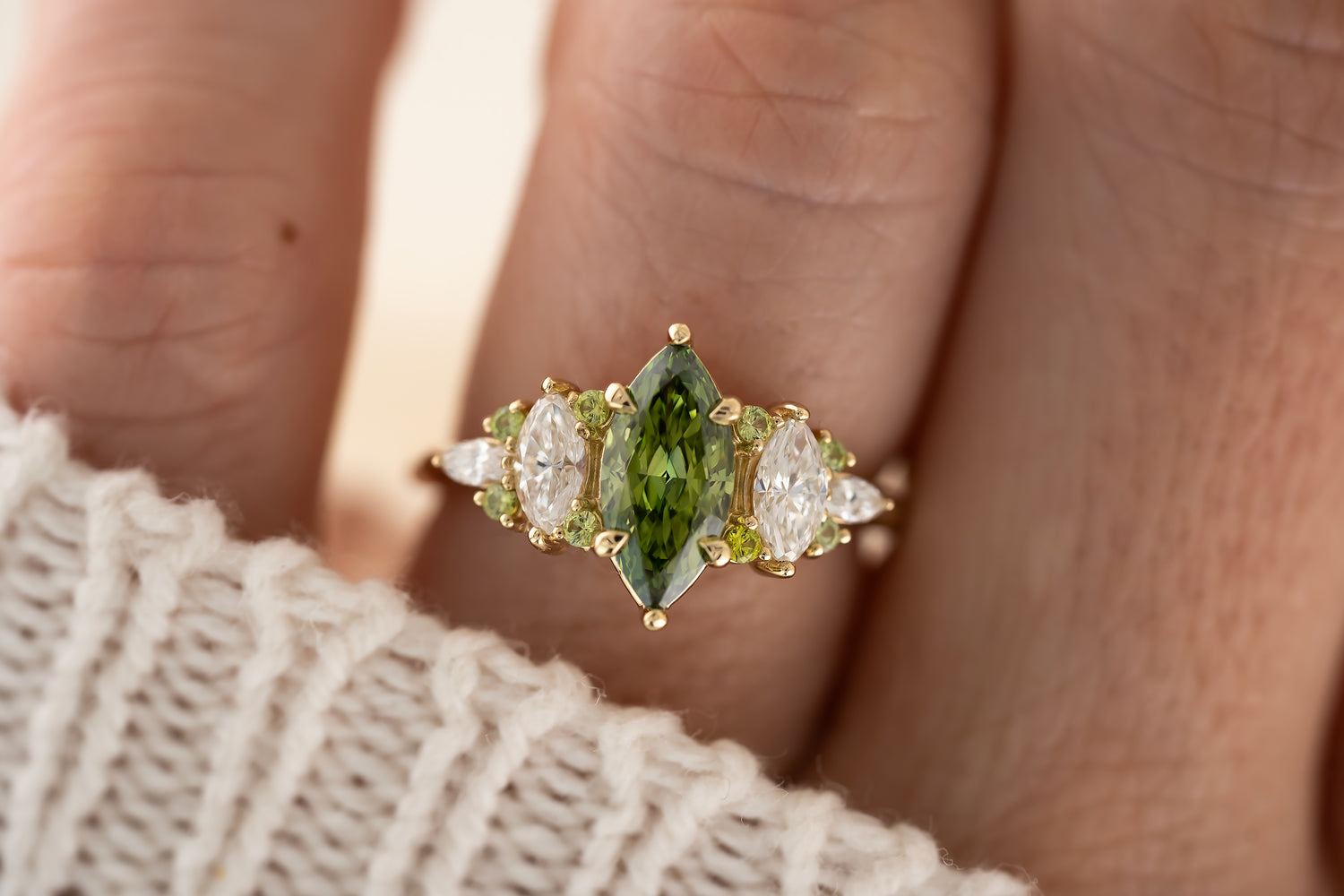 The Maeve Ring - 1 CT Marquise Green Lab Diamond + Demantoid Garnet - Lavender Creek Gems