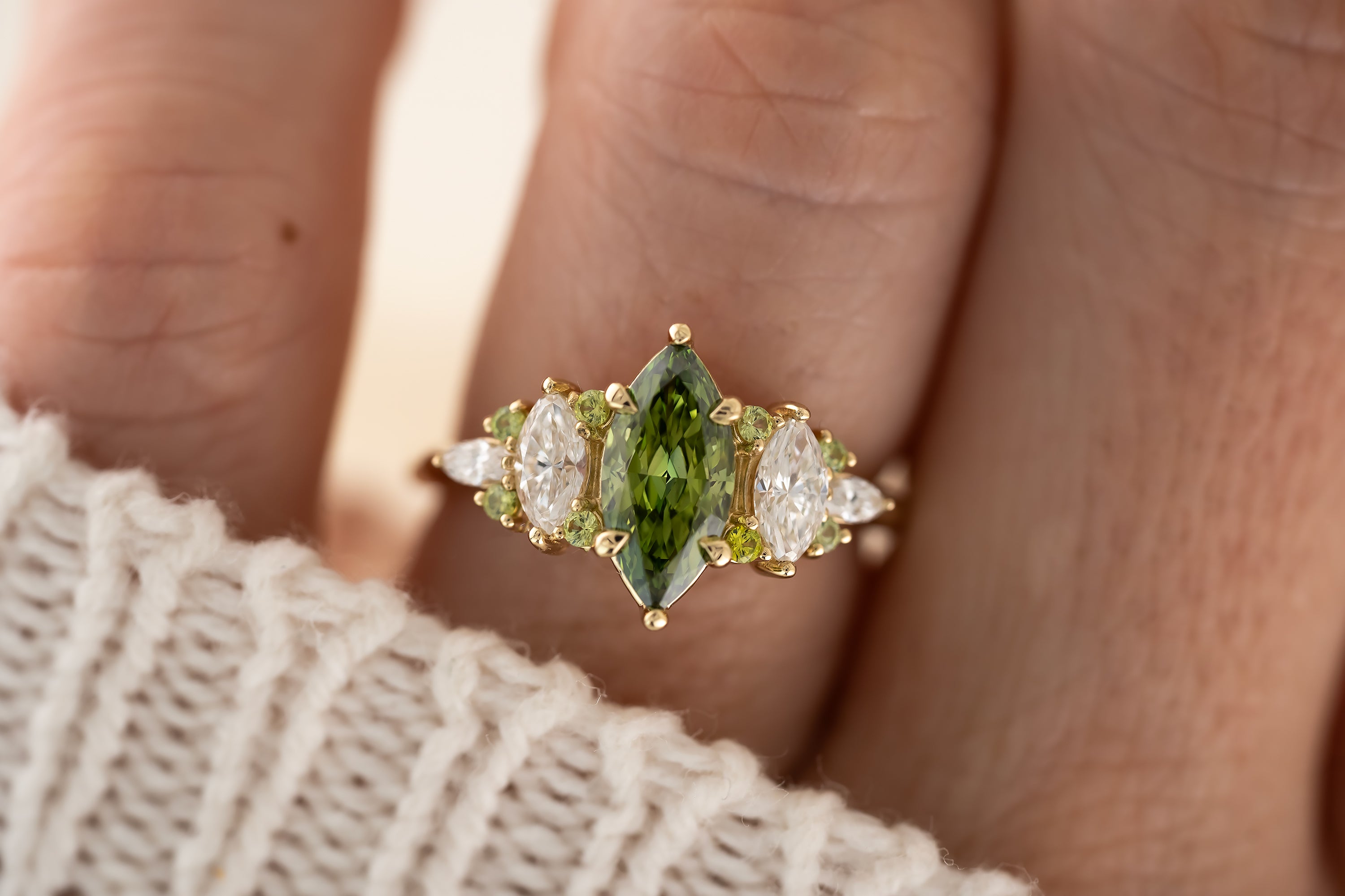 The Maeve Ring - 1 CT Marquise Green Lab Diamond + Demantoid Garnet - Lavender Creek Gems