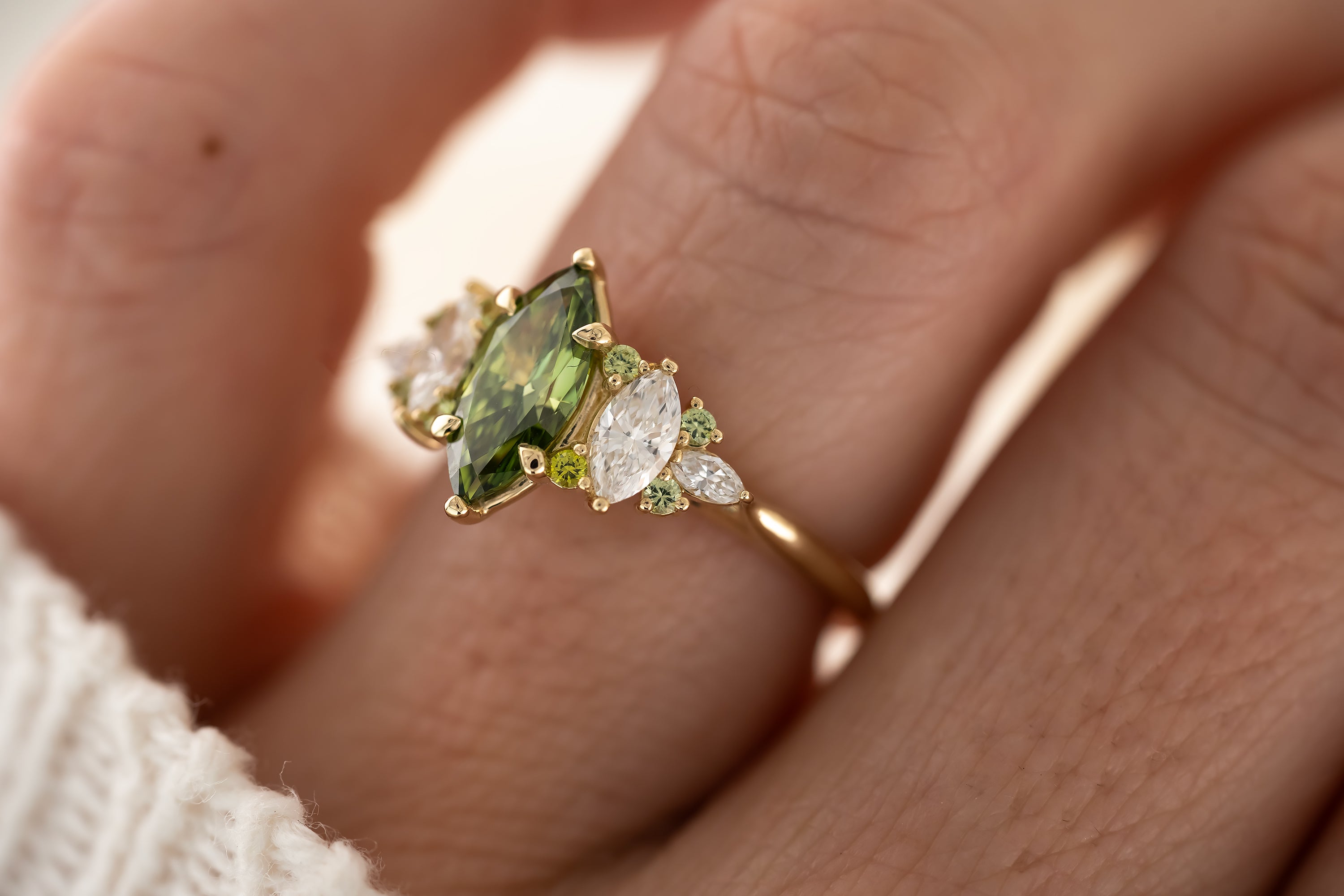 The Maeve Ring - 1 CT Marquise Green Lab Diamond + Demantoid Garnet - Lavender Creek Gems