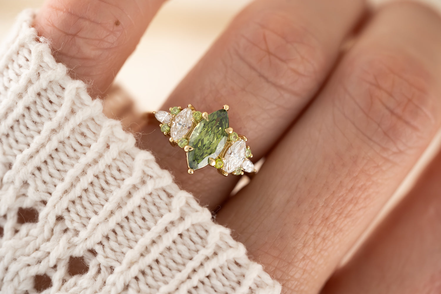 The Maeve Ring - 1 CT Marquise Green Lab Diamond + Demantoid Garnet - Lavender Creek Gems