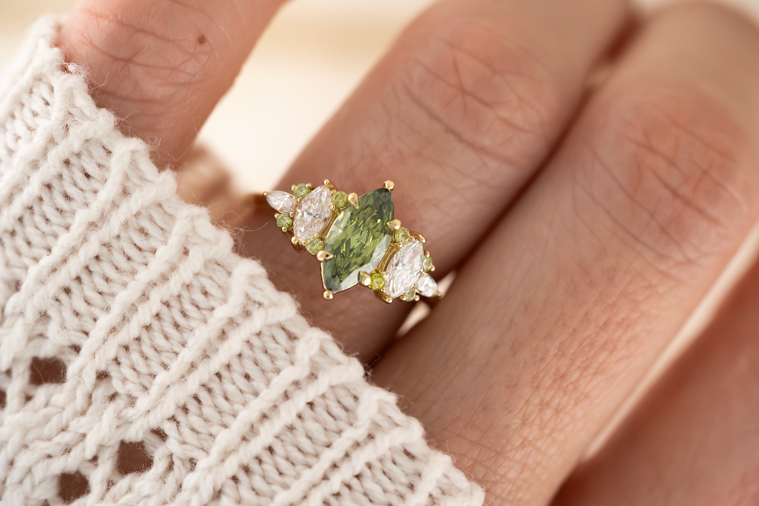 The Maeve Ring - 1 CT Marquise Green Lab Diamond + Demantoid Garnet - Lavender Creek Gems