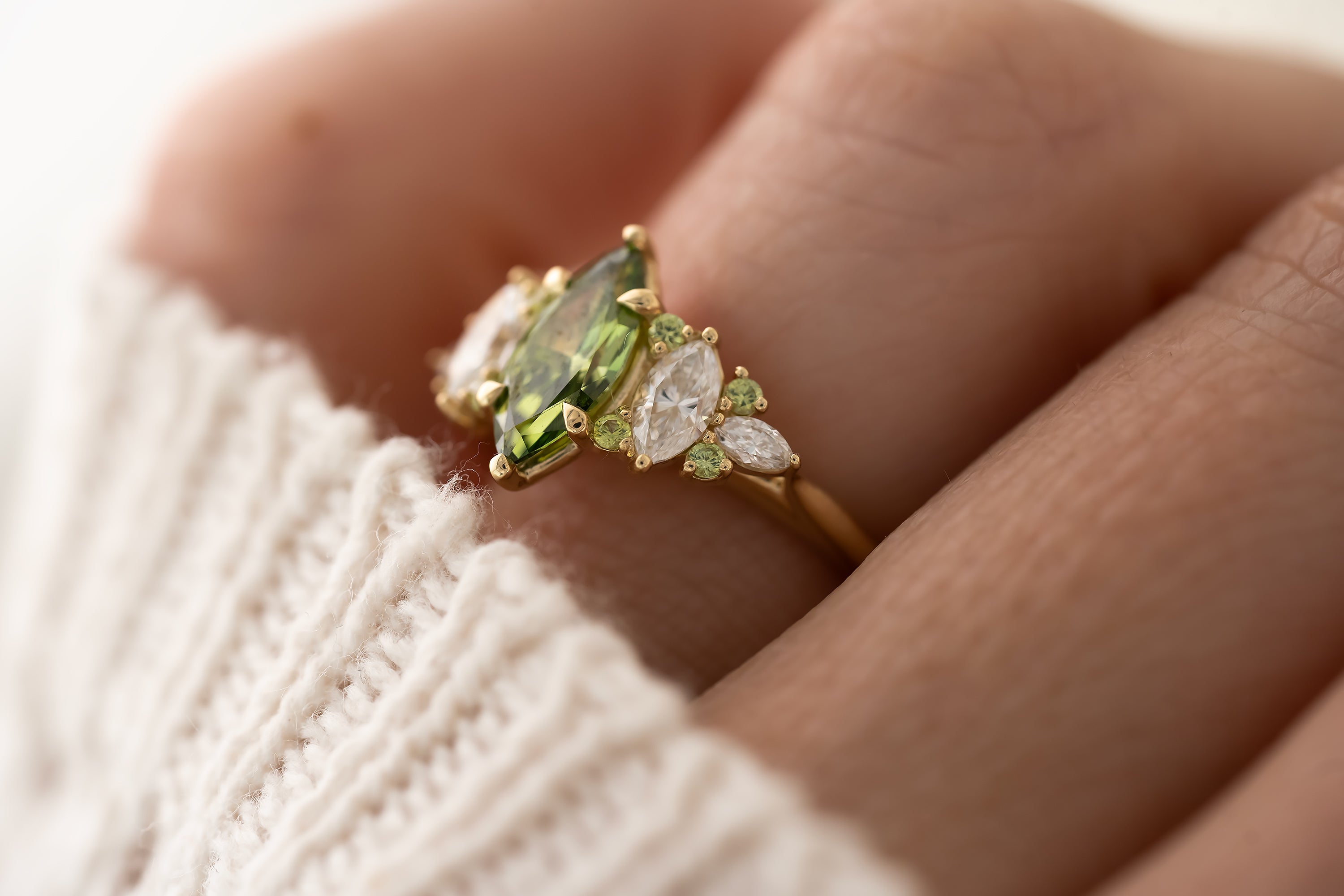 The Maeve Ring - 1 CT Marquise Green Lab Diamond + Demantoid Garnet - Lavender Creek Gems