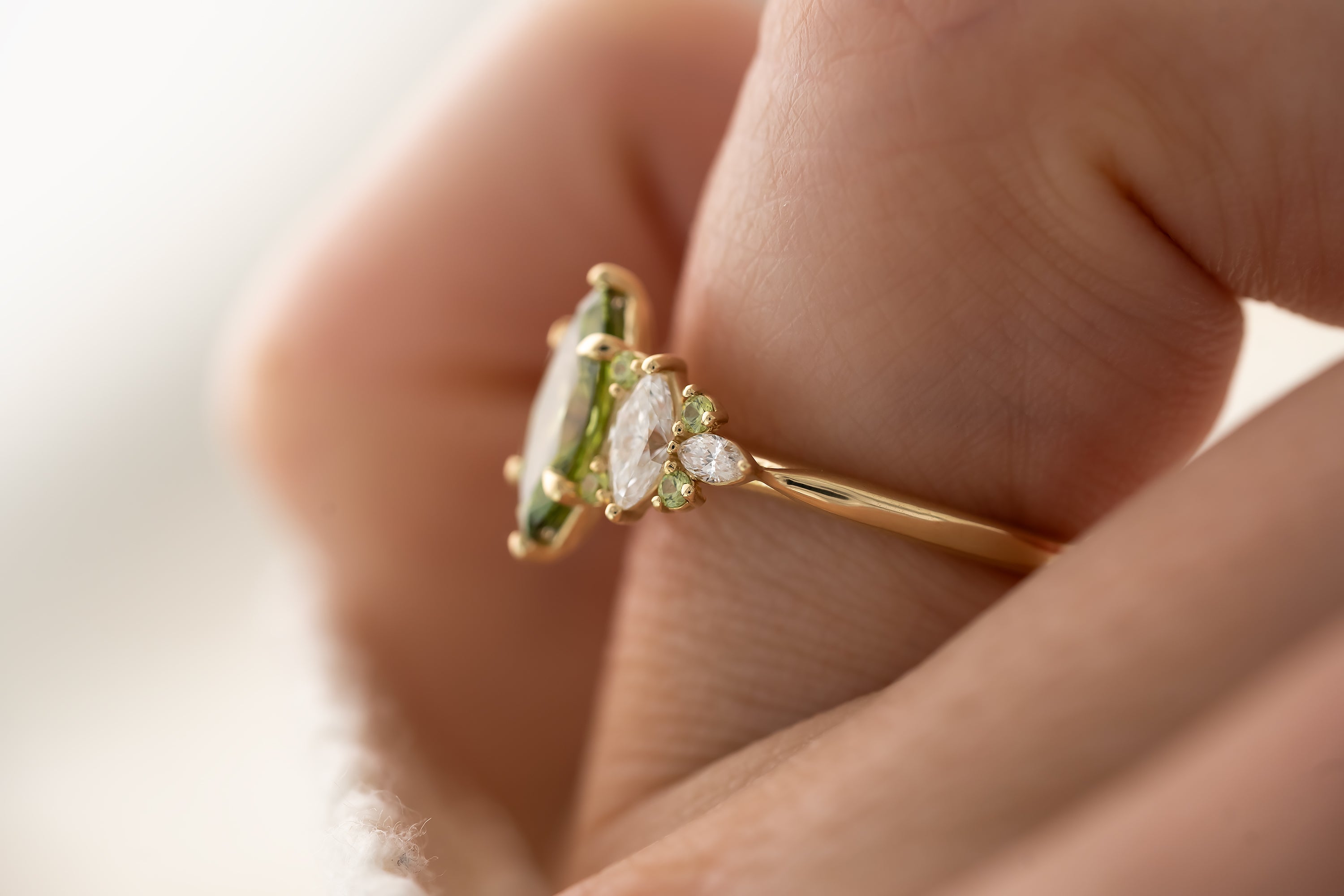 The Maeve Ring - 1 CT Marquise Green Lab Diamond + Demantoid Garnet - Lavender Creek Gems