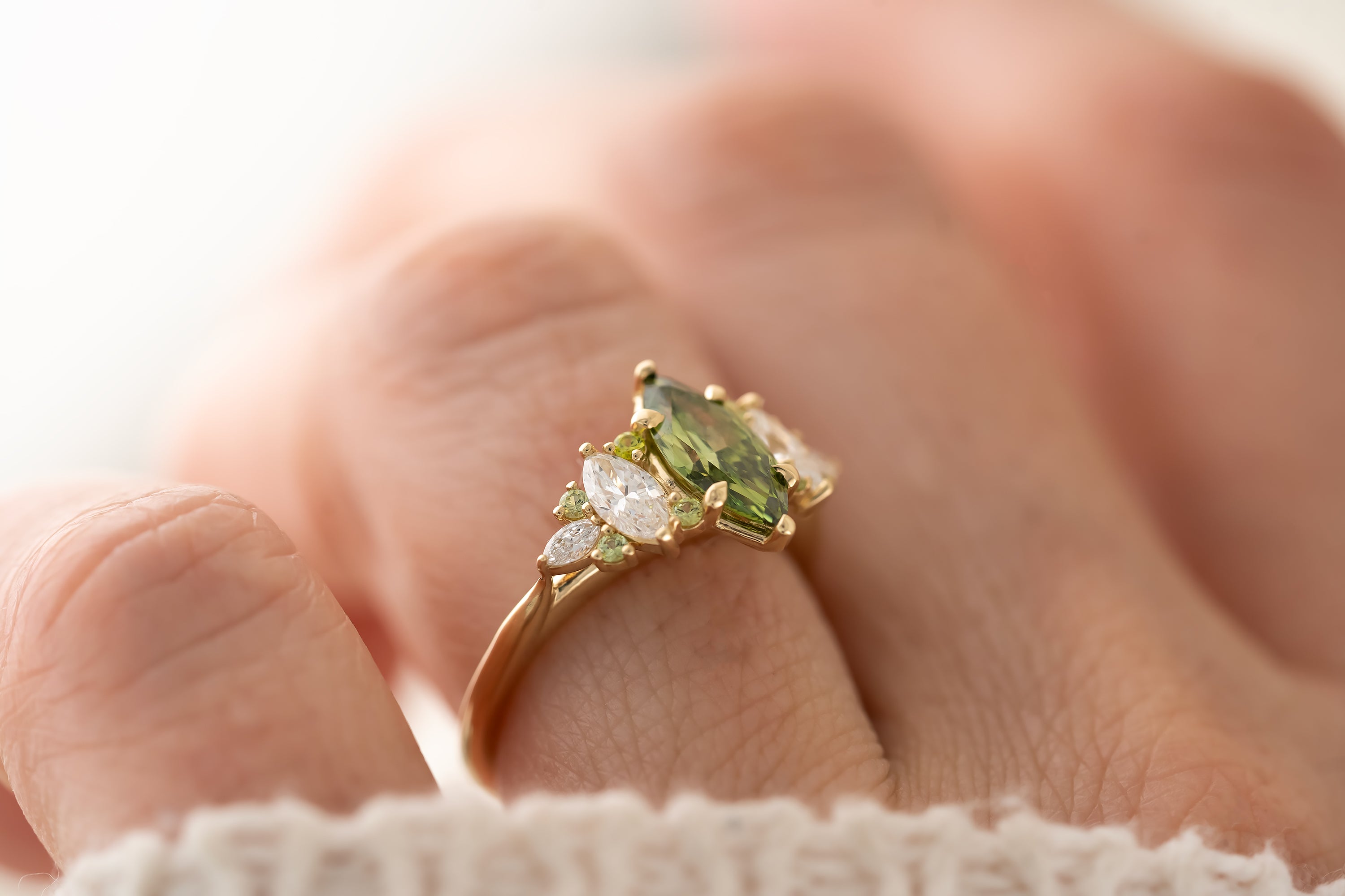 The Maeve Ring - 1 CT Marquise Green Lab Diamond + Demantoid Garnet - Lavender Creek Gems