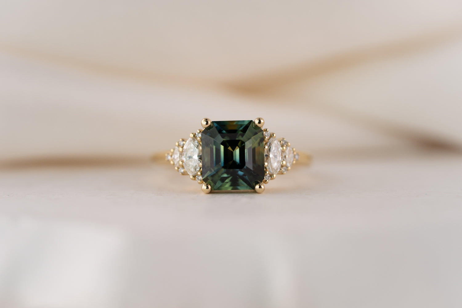 The Vivienne Ring | 3.54 CT Emerald Cut Teal Parti Sapphire - Lavender Creek Gems