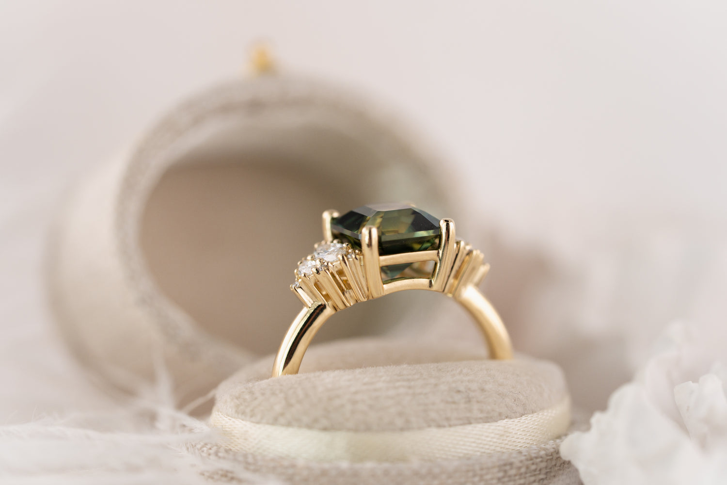 The Vivienne Ring | 3.54 CT Emerald Cut Teal Parti Sapphire - Lavender Creek Gems