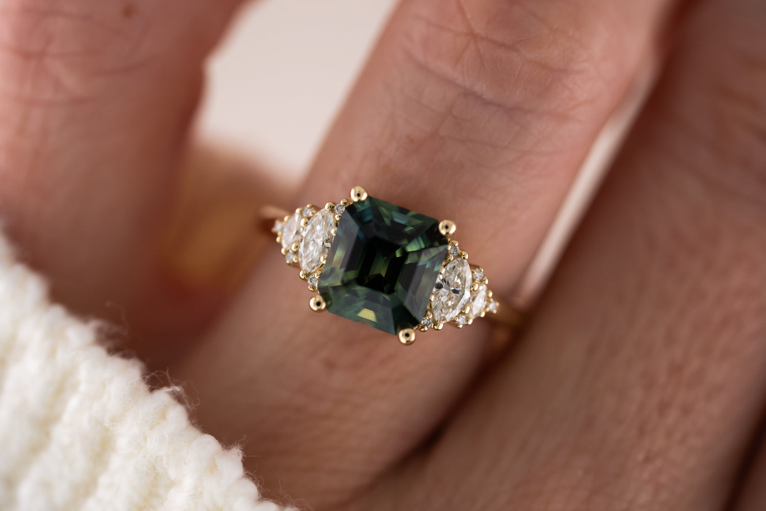 The Vivienne Ring | 3.54 CT Emerald Cut Teal Parti Sapphire - Lavender Creek Gems