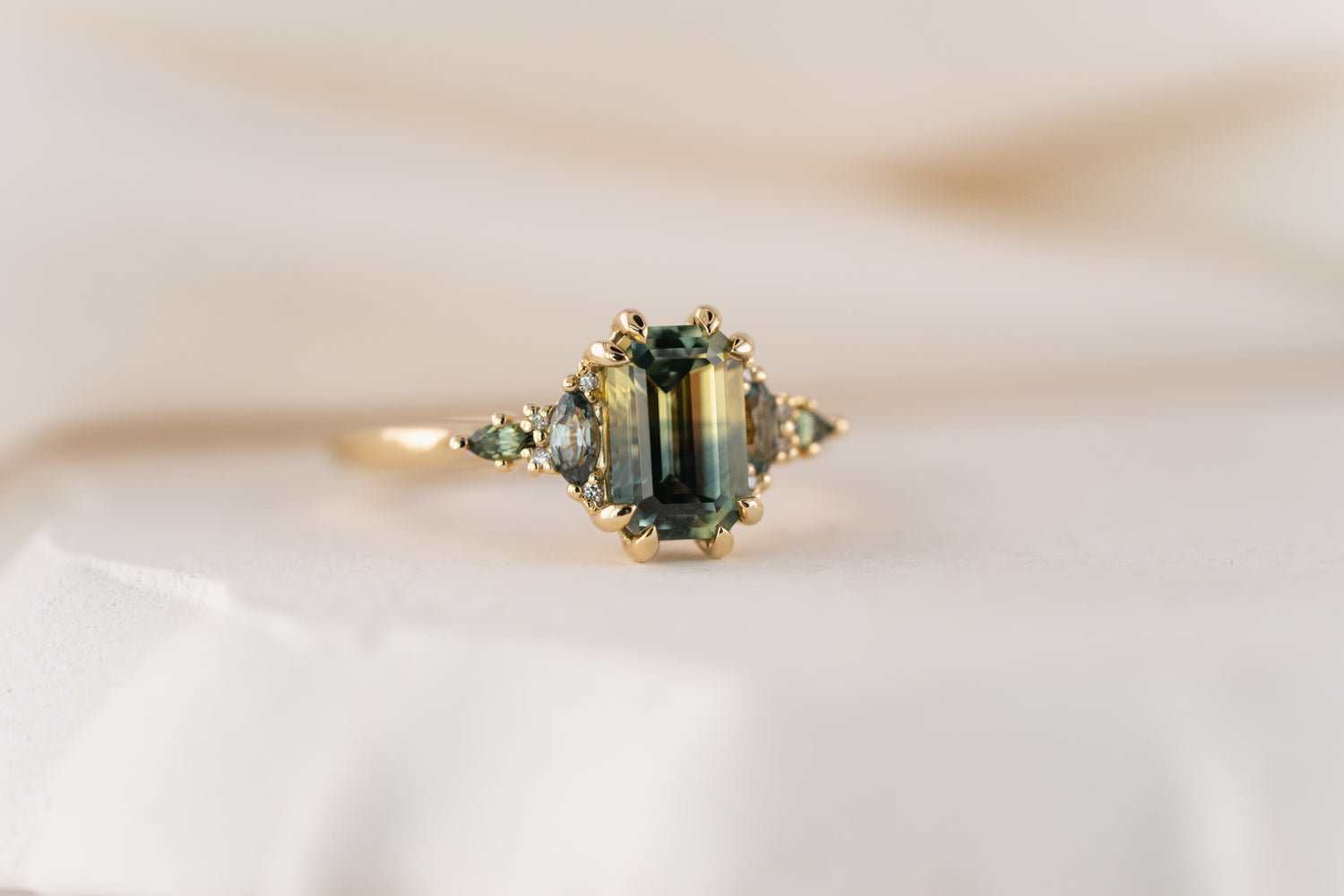 The Maeve Ring | 1.92 CT Emerald Cut Bicolor Teal Sapphire - Lavender Creek Gems