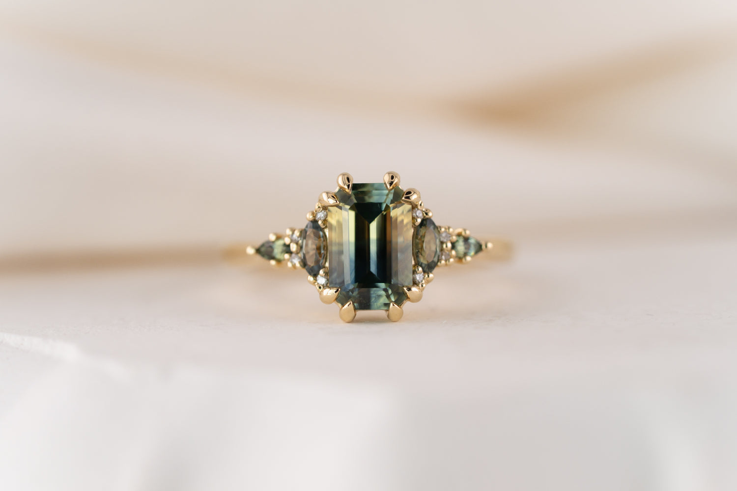 The Maeve Ring | 1.92 CT Emerald Cut Bicolor Teal Sapphire - Lavender Creek Gems
