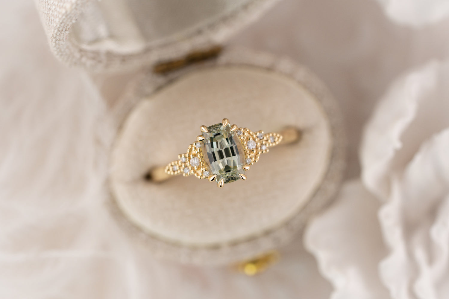 The Art Deco Maeve Ring | 1.55 CT Elongated Cushion Mint Green Sapphire - Lavender Creek Gems