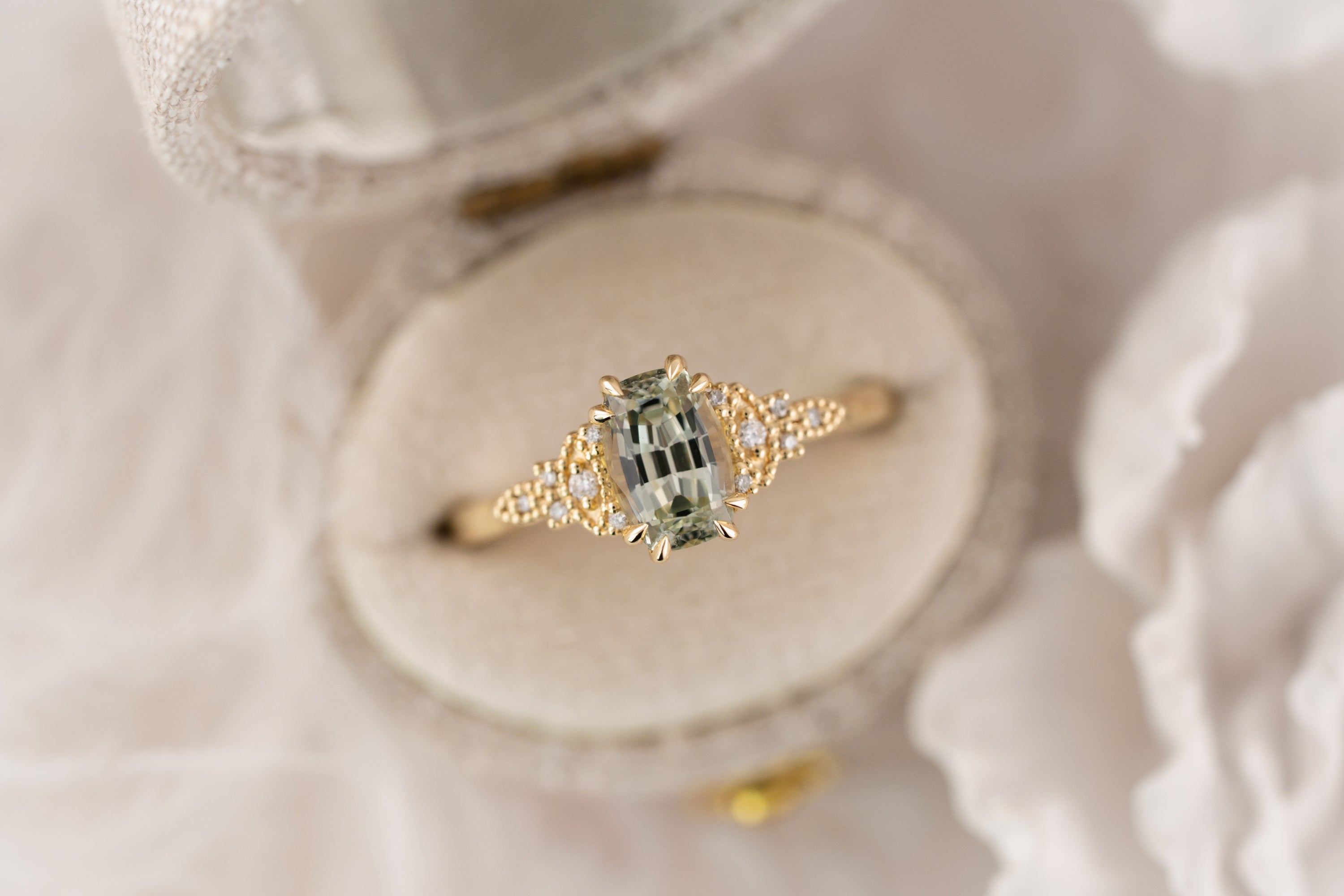 The Art Deco Maeve Ring | 1.55 CT Elongated Cushion Mint Green Sapphire - Lavender Creek Gems