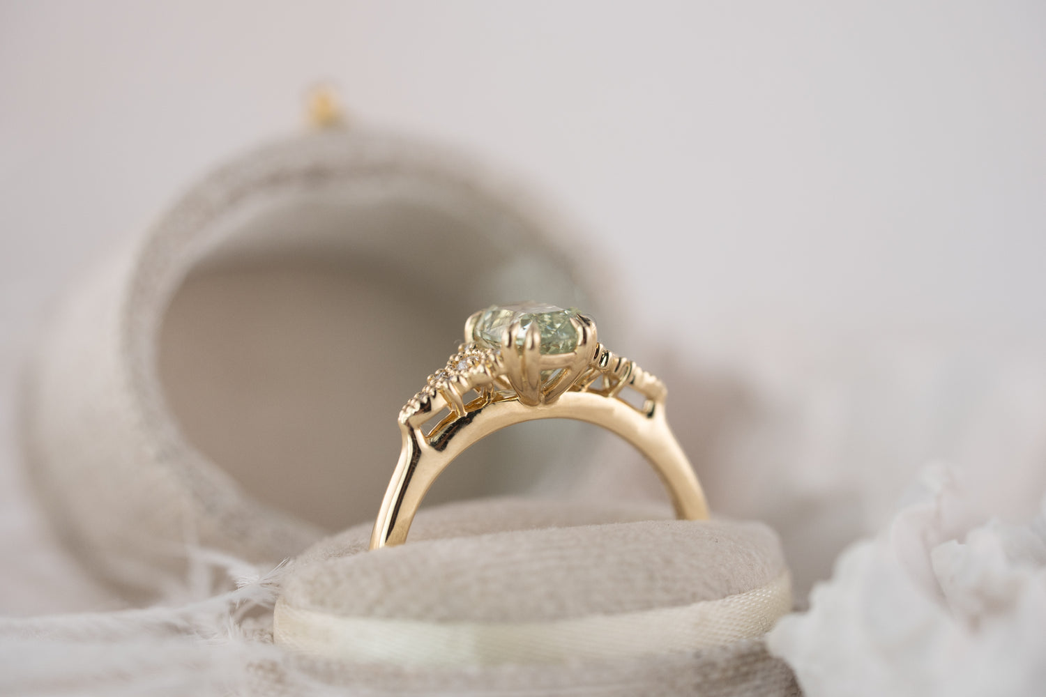 The Art Deco Maeve Ring | 1.55 CT Elongated Cushion Mint Green Sapphire - Lavender Creek Gems