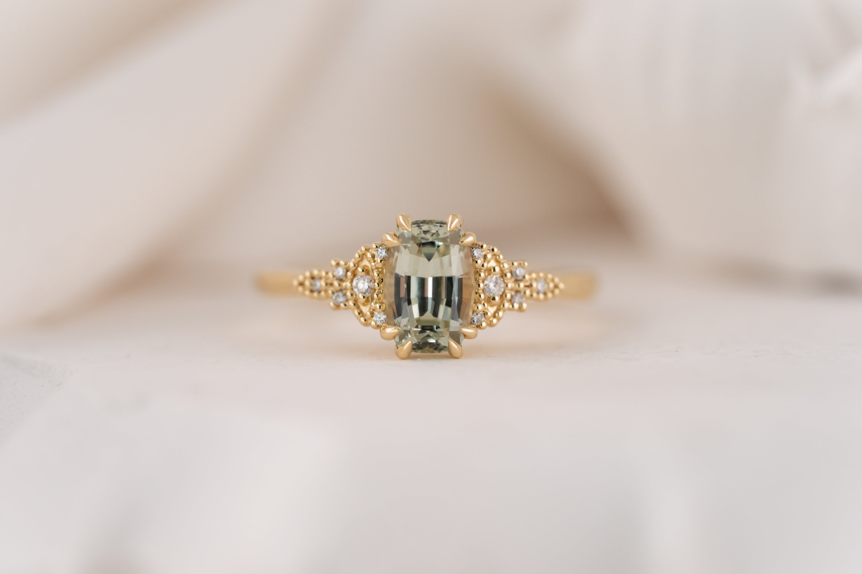 The Art Deco Maeve Ring | 1.55 CT Elongated Cushion Mint Green Sapphire - Lavender Creek Gems