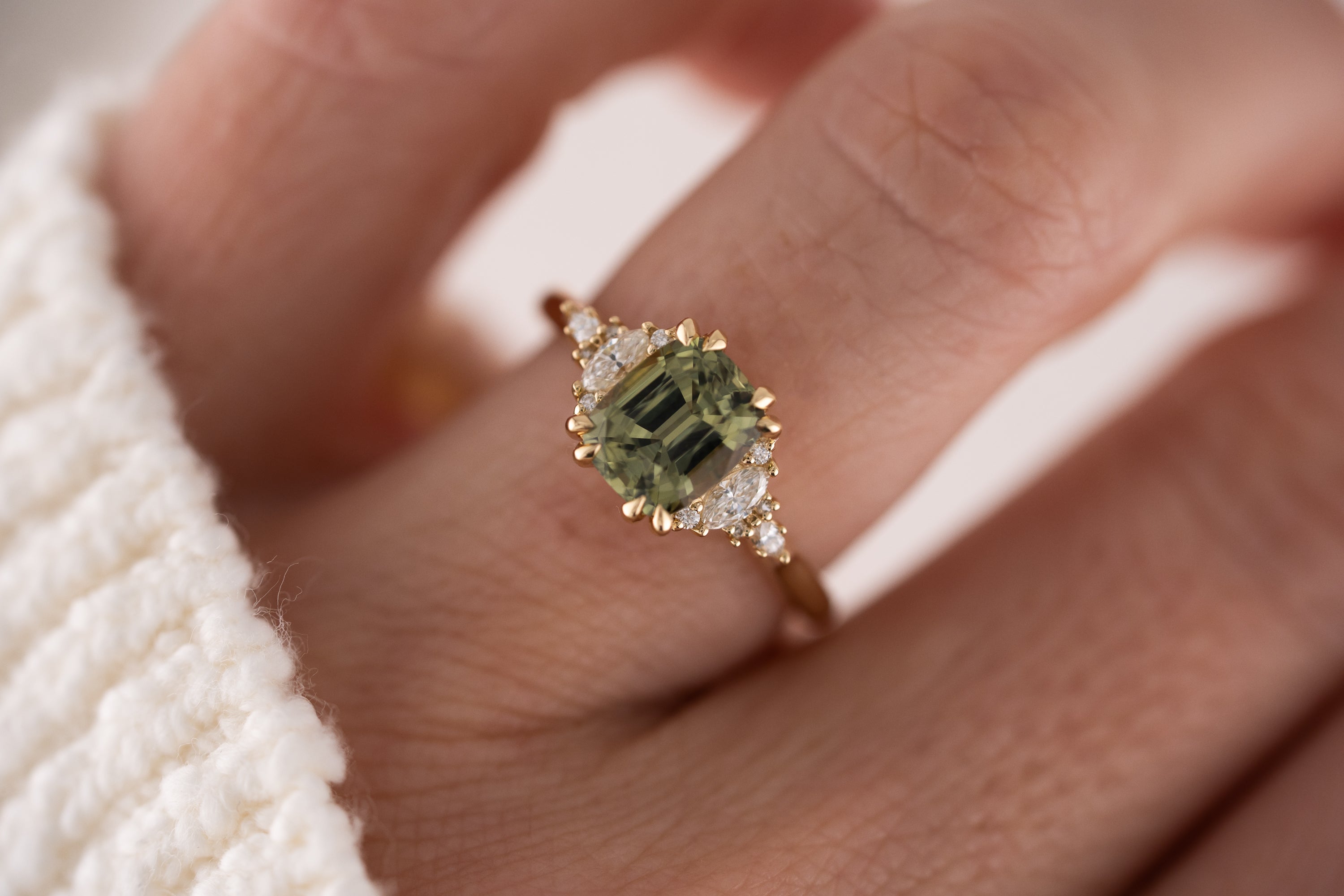 The Maeve Ring | 2 CT Cushion Green Sapphire - Lavender Creek Gems