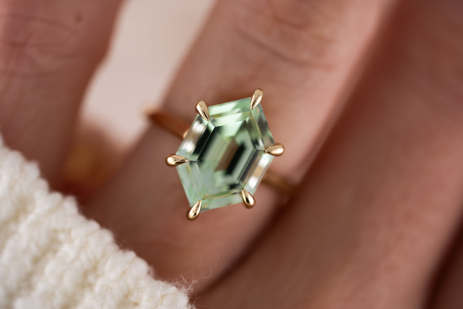 The Solitaire Ring | 5.78 CT Elongated Hexagon Mint Green Tourmaline - Lavender Creek Gems