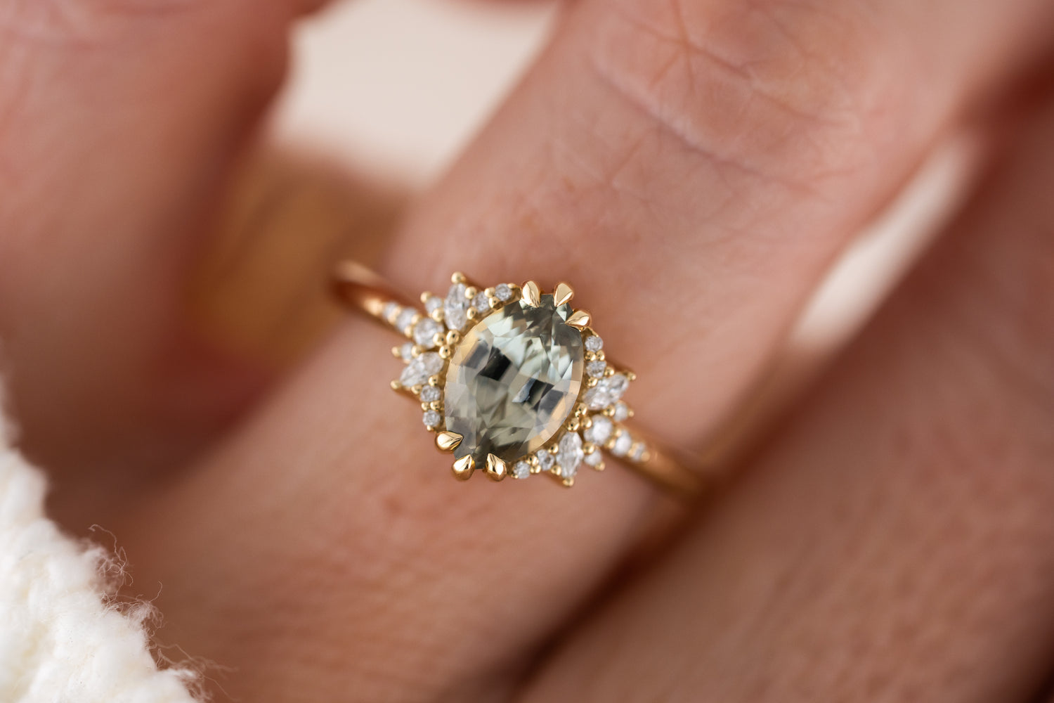 The Reverie Ring | 1.61 CT Marquise Gray Green Sapphire - Lavender Creek Gems