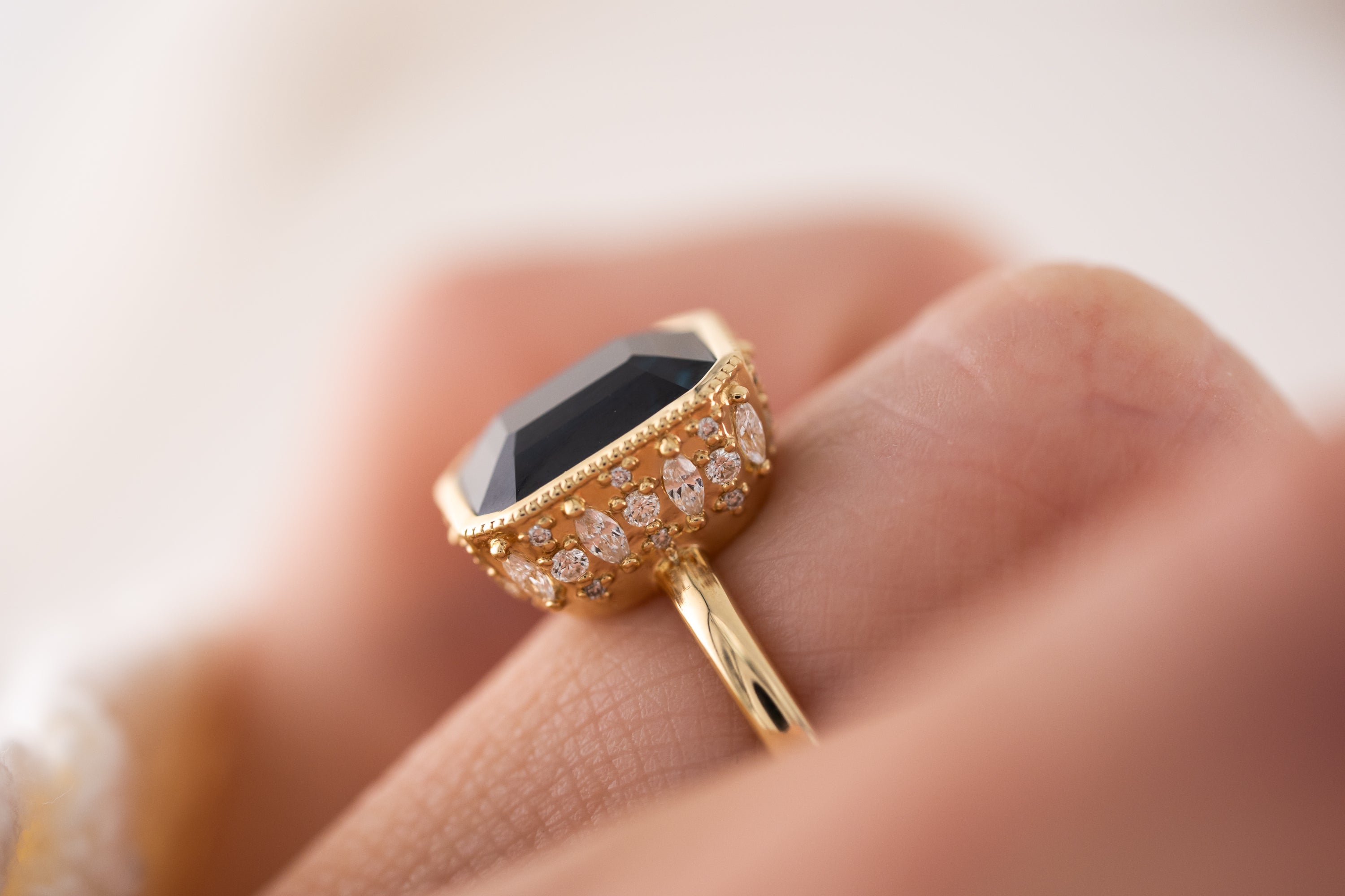 The Sitara Ring | 5.53 CT Emerald Cut Teal Sapphire