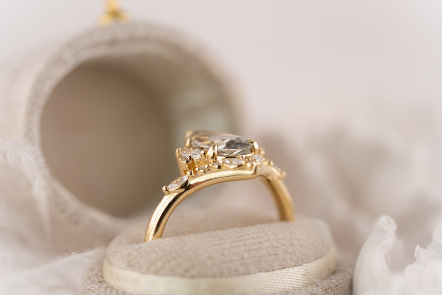 The Aurora Ring | 1.83 CT Pear Pale Teal/Steel Blue Sapphire - Lavender Creek Gems