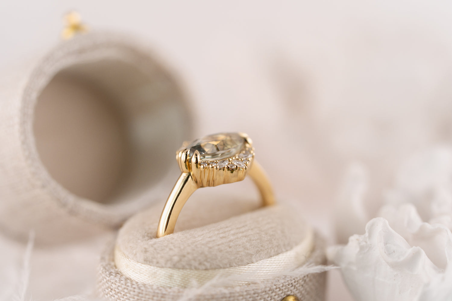 The Comtesse Ring | 1.83 CT Marquise Light Green Sapphire - Lavender Creek Gems