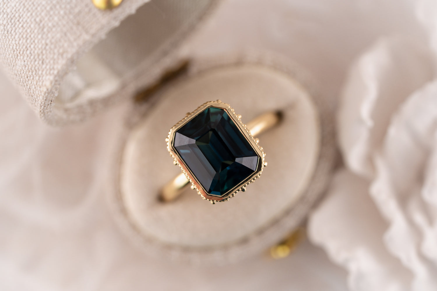 The Sitara Ring | 5.53 CT Emerald Cut Teal Sapphire - Lavender Creek Gems