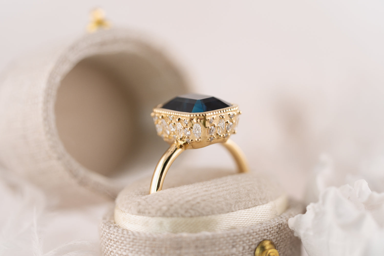 The Sitara Ring | 5.53 CT Emerald Cut Teal Sapphire - Lavender Creek Gems