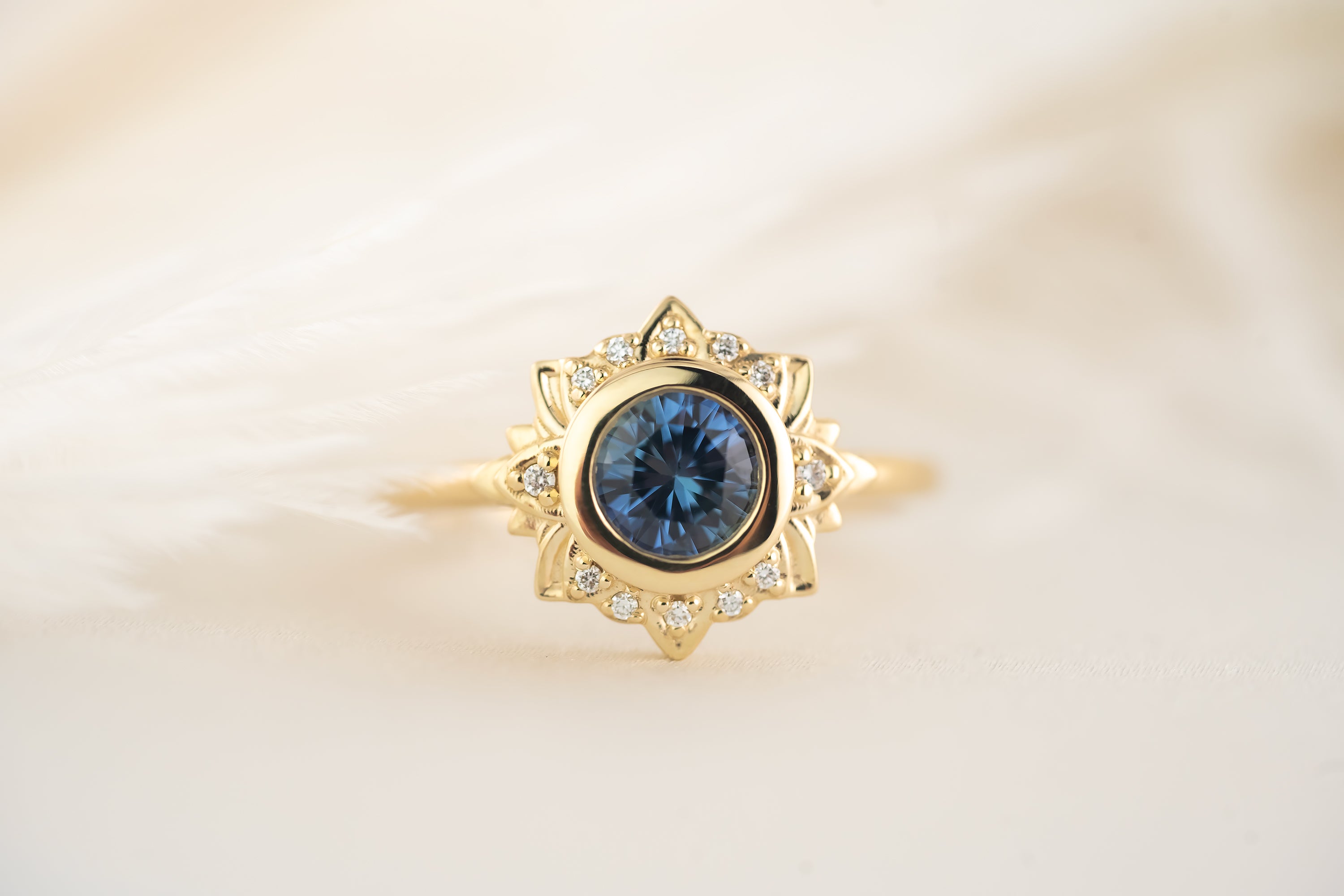 The Lotus Ring - 1 CT Round Blue Sapphire - Lavender Creek Gems