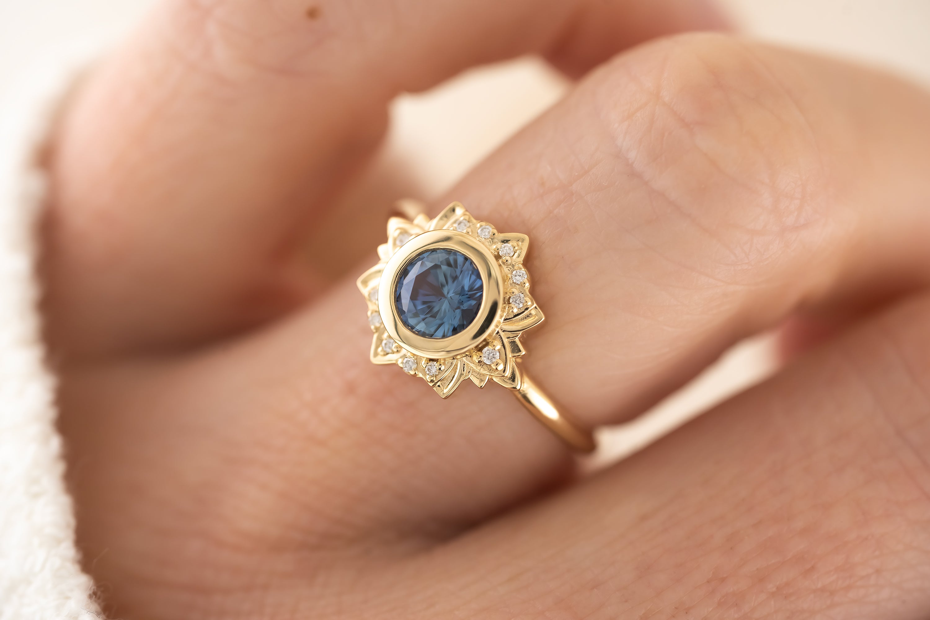 The Lotus Ring - 1 CT Round Blue Sapphire - Lavender Creek Gems