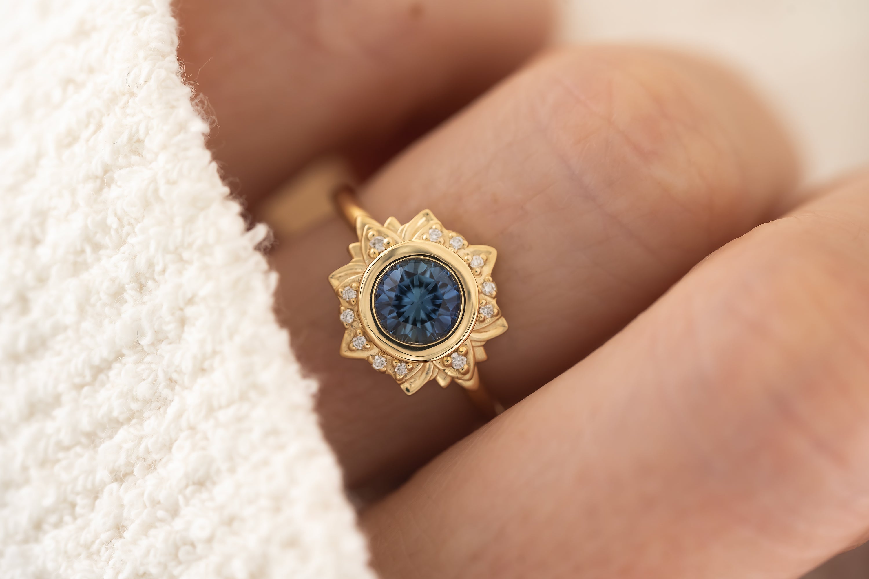 The Lotus Ring - 1 CT Round Blue Sapphire - Lavender Creek Gems