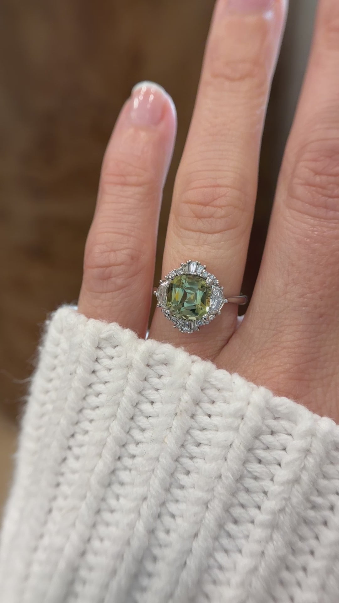 The Yara Ring | 3.4 CT Cushion Green Montana Sapphire