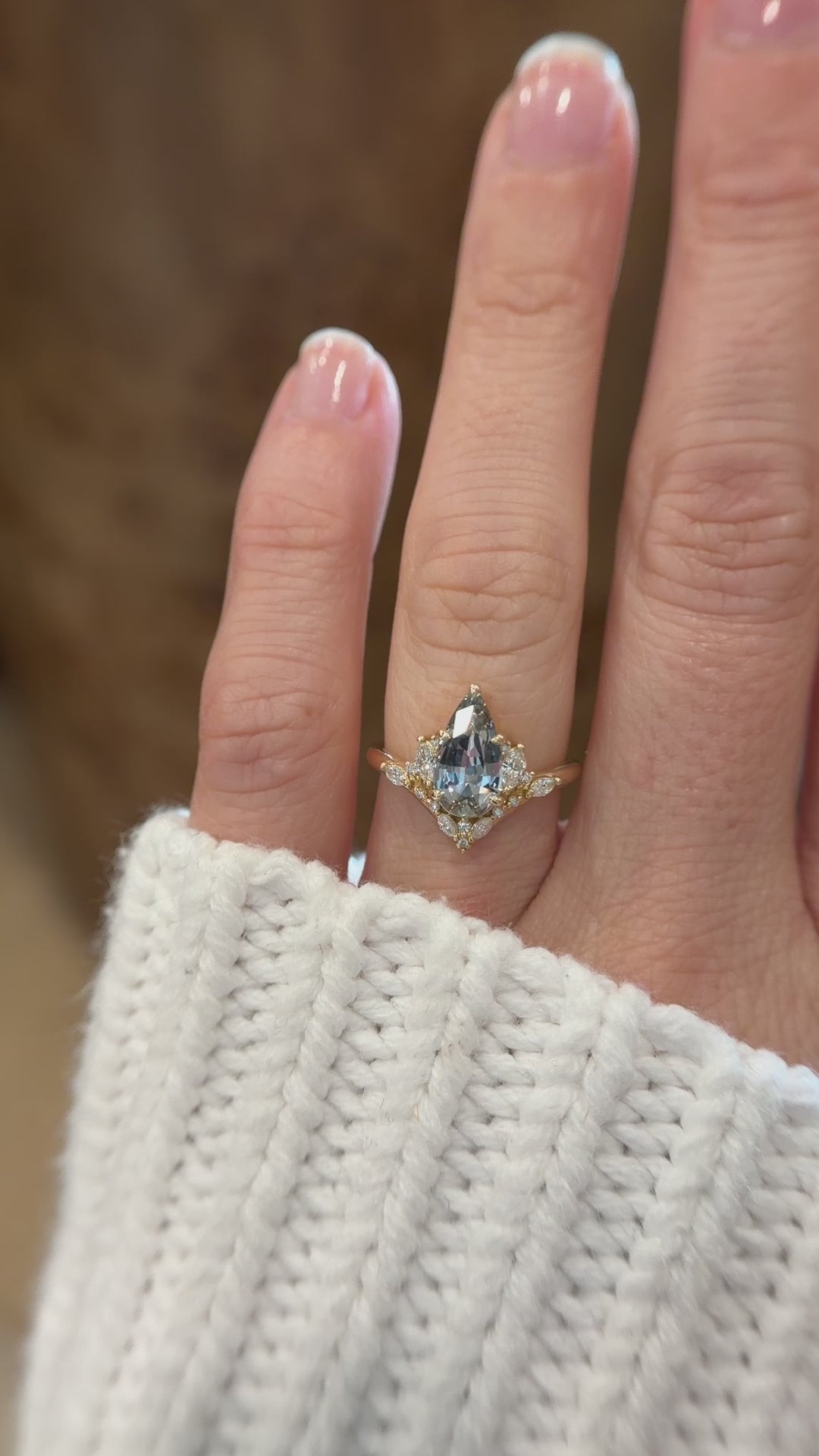 The Aurora Ring | 1.83 CT Pear Pale Teal/Steel Blue Sapphire