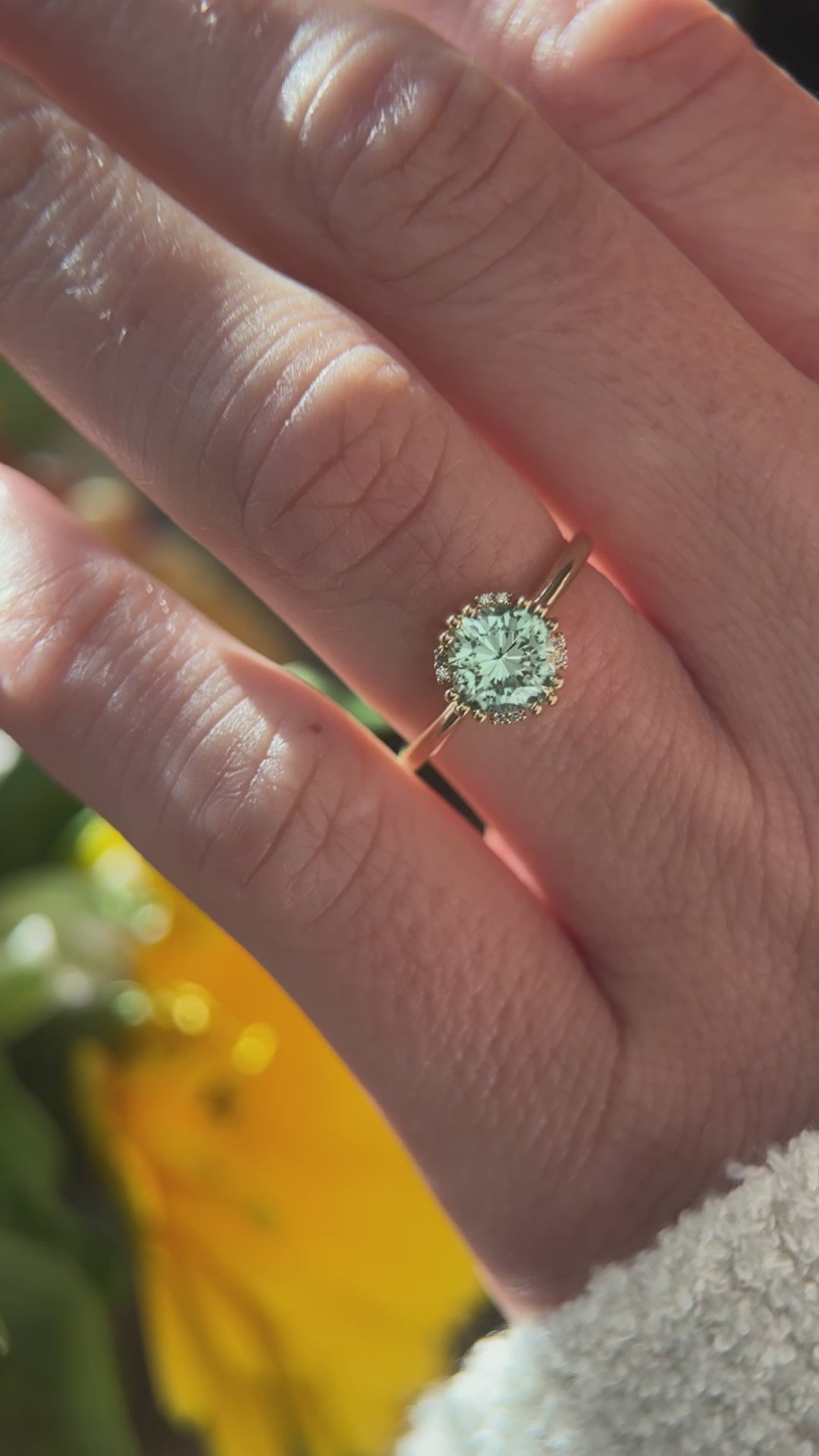 The Floret Ring | 1.4 CT Cushion Light Sage Green Tourmaline