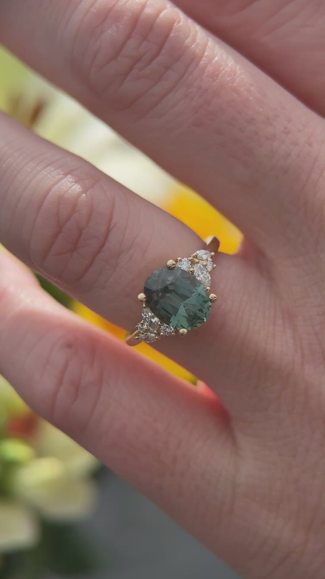 The Laurel Ring | 3.06 CT Oval Teal Green Sapphire
