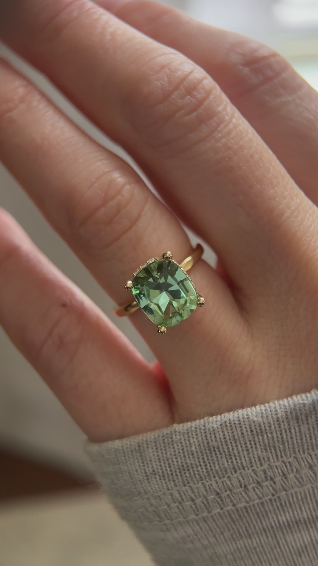 The Hidden Halo Ring - 4.3 CT Cushion Apple Green Tourmaline