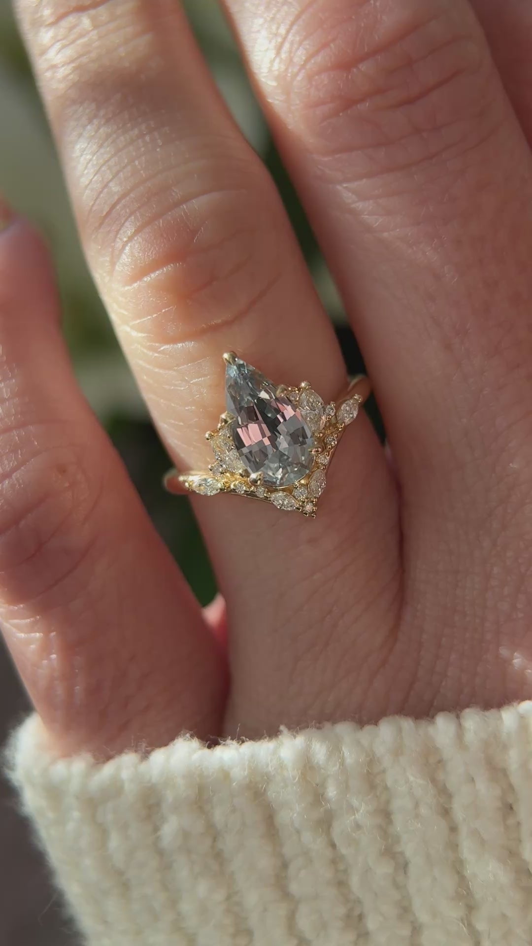 The Aurora Ring | 1.83 CT Pear Pale Teal/Steel Blue Sapphire