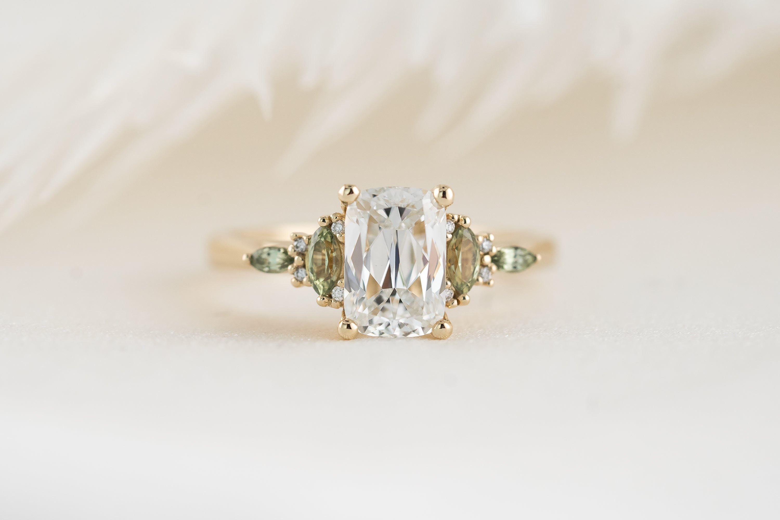 The Maeve Ring | 1.62 CT Antique Cushion Diamond + Green Sapphire - Lavender Creek Gems 