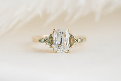 The Maeve Ring | 1.62 CT Antique Cushion Diamond + Green Sapphire - Lavender Creek Gems 