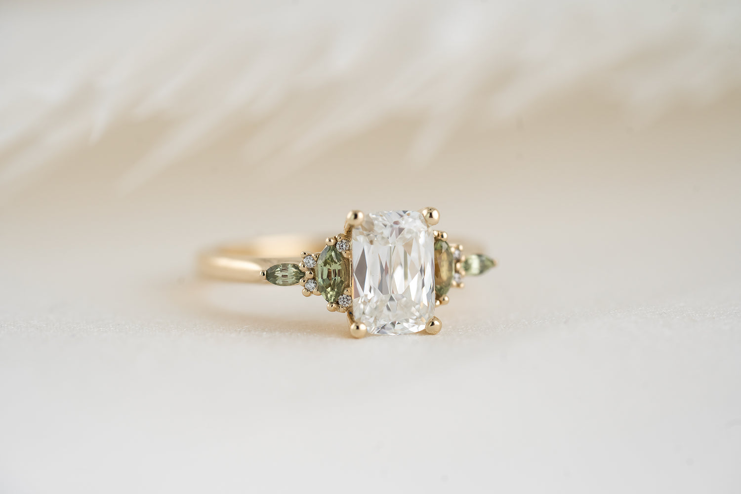 The Maeve Ring | 1.62 CT Antique Cushion Diamond + Green Sapphire - Lavender Creek Gems 