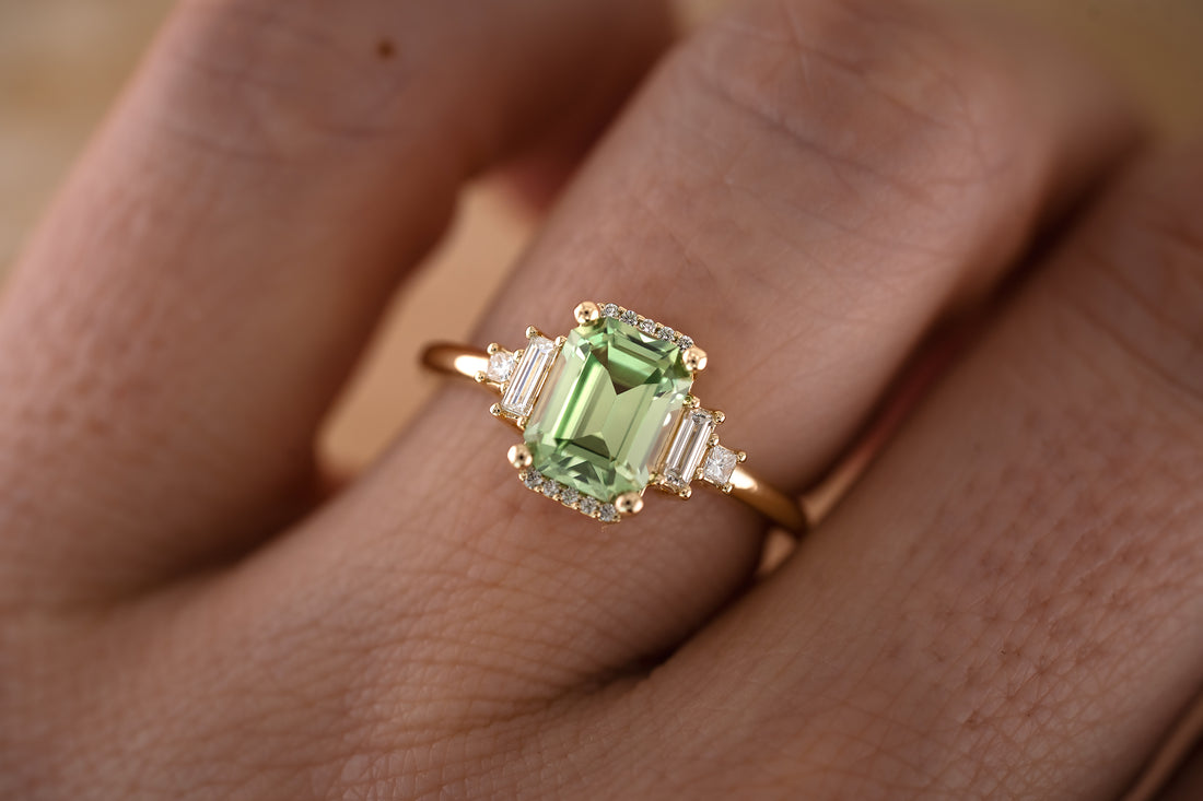 The Sura 1.81 CT Emerald Cut Green Garnet Ring - Lavender Creek Gems