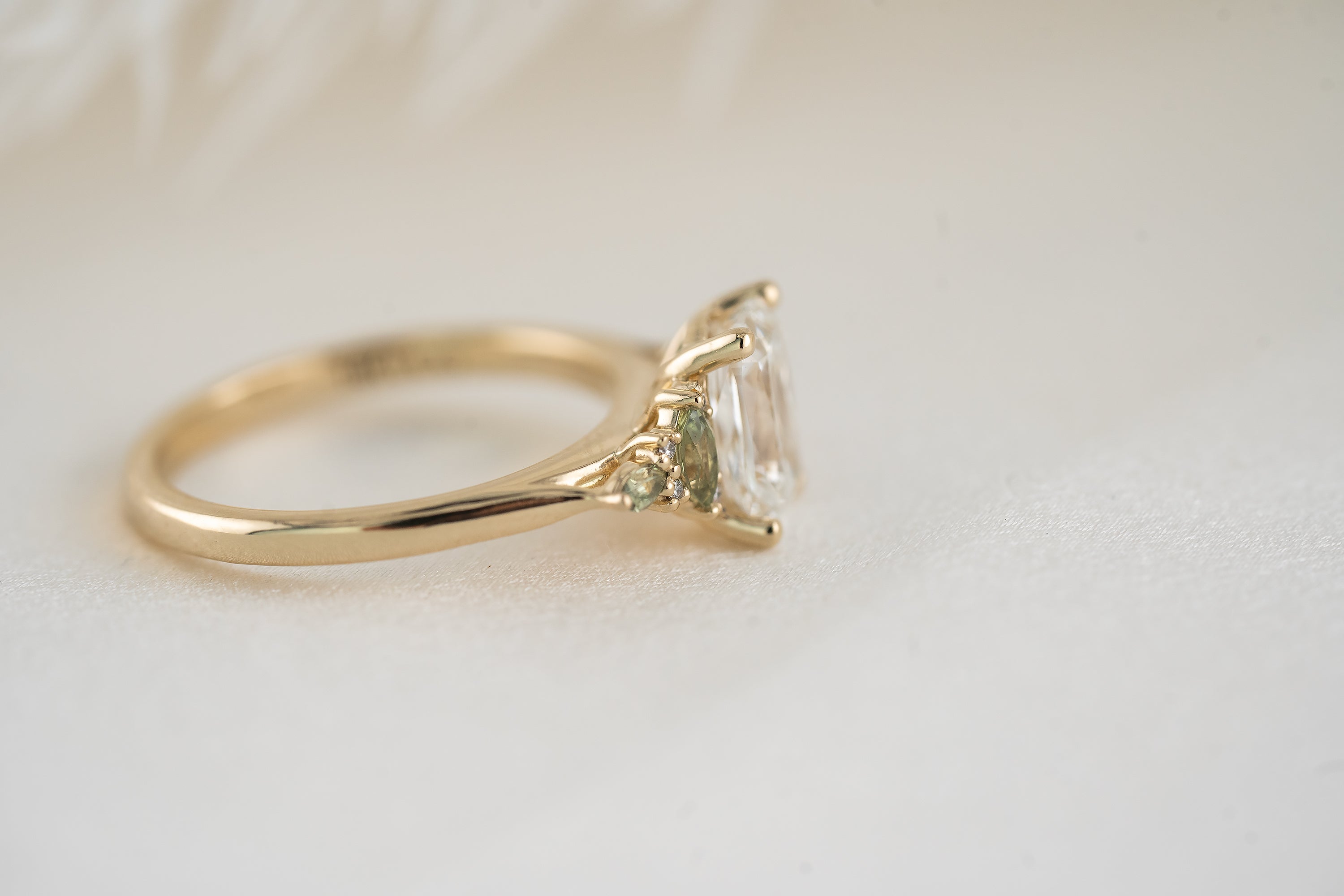 The Maeve Ring | 1.62 CT Antique Cushion Diamond + Green Sapphire - Lavender Creek Gems 