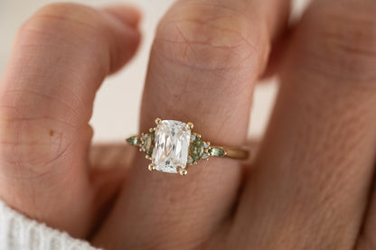 The Maeve Ring | 1.62 CT Antique Cushion Diamond + Green Sapphire - Lavender Creek Gems 