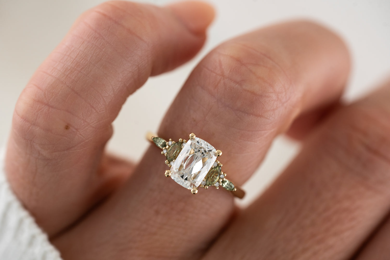 The Maeve Ring | 1.62 CT Antique Cushion Diamond + Green Sapphire - Lavender Creek Gems 