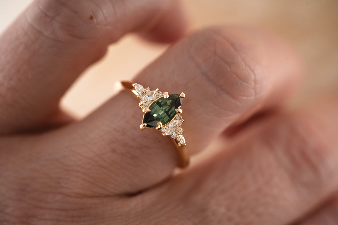 The Maeve 0.85 CT Marquise Teal/Green Sapphire Ring - Lavender Creek Gems