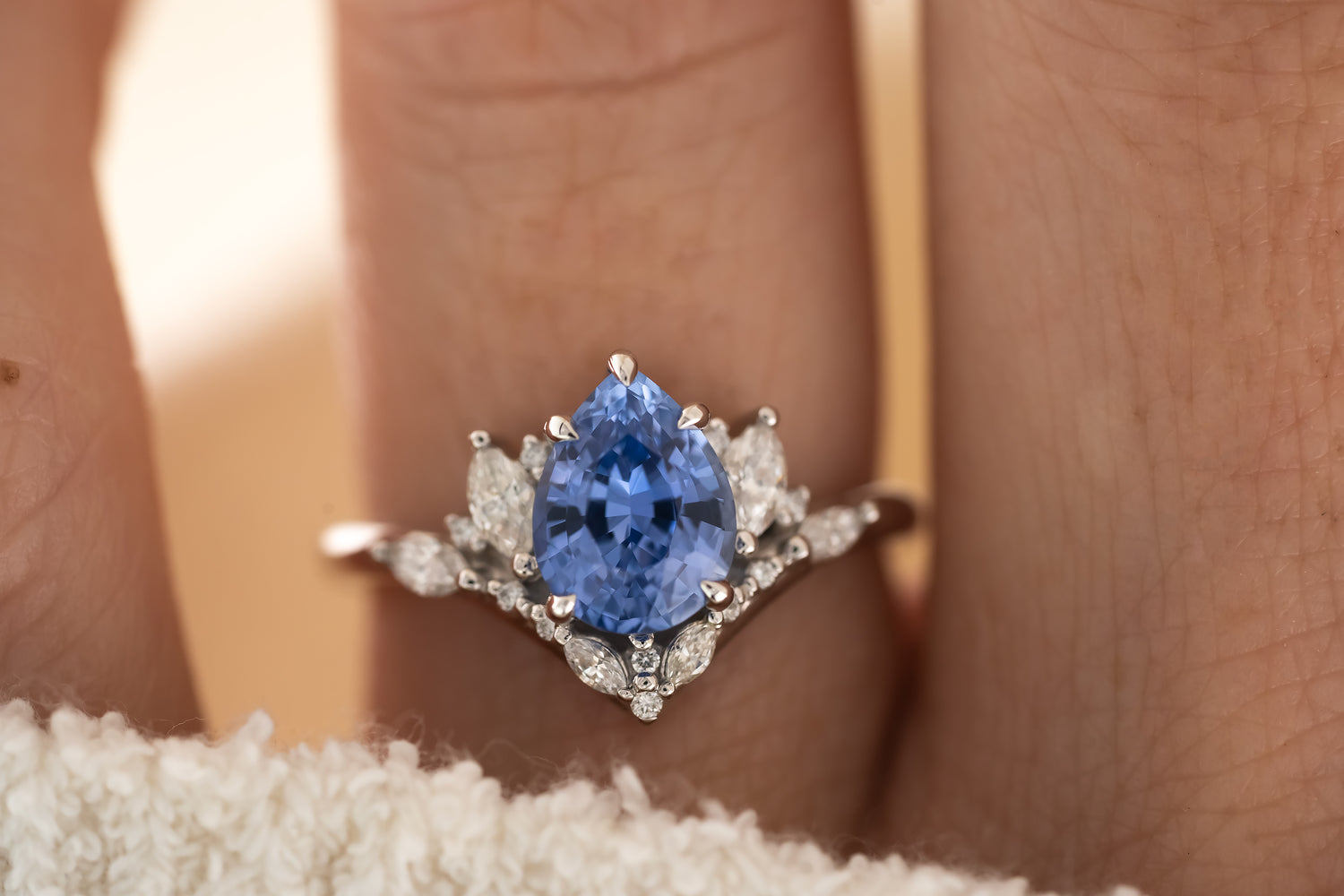 The Aurora Ring - 2 CT Pear Cornflower Blue Sapphire - Lavender Creek Gems 