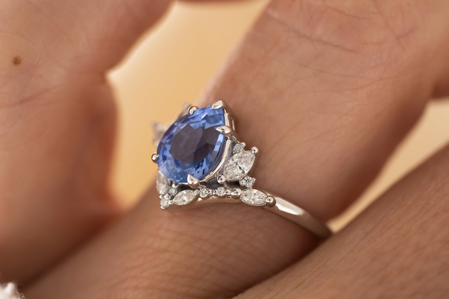 The Aurora Ring - 2 CT Pear Cornflower Blue Sapphire - Lavender Creek Gems 