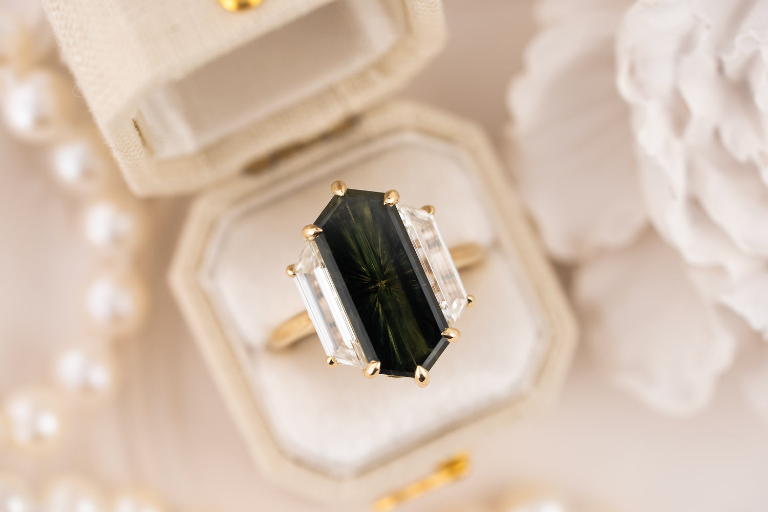 The Tria Ring | 5.52 CT Elongated Hexagon Starbrite™ Green Australian Sapphire - Lavender Creek Gems 