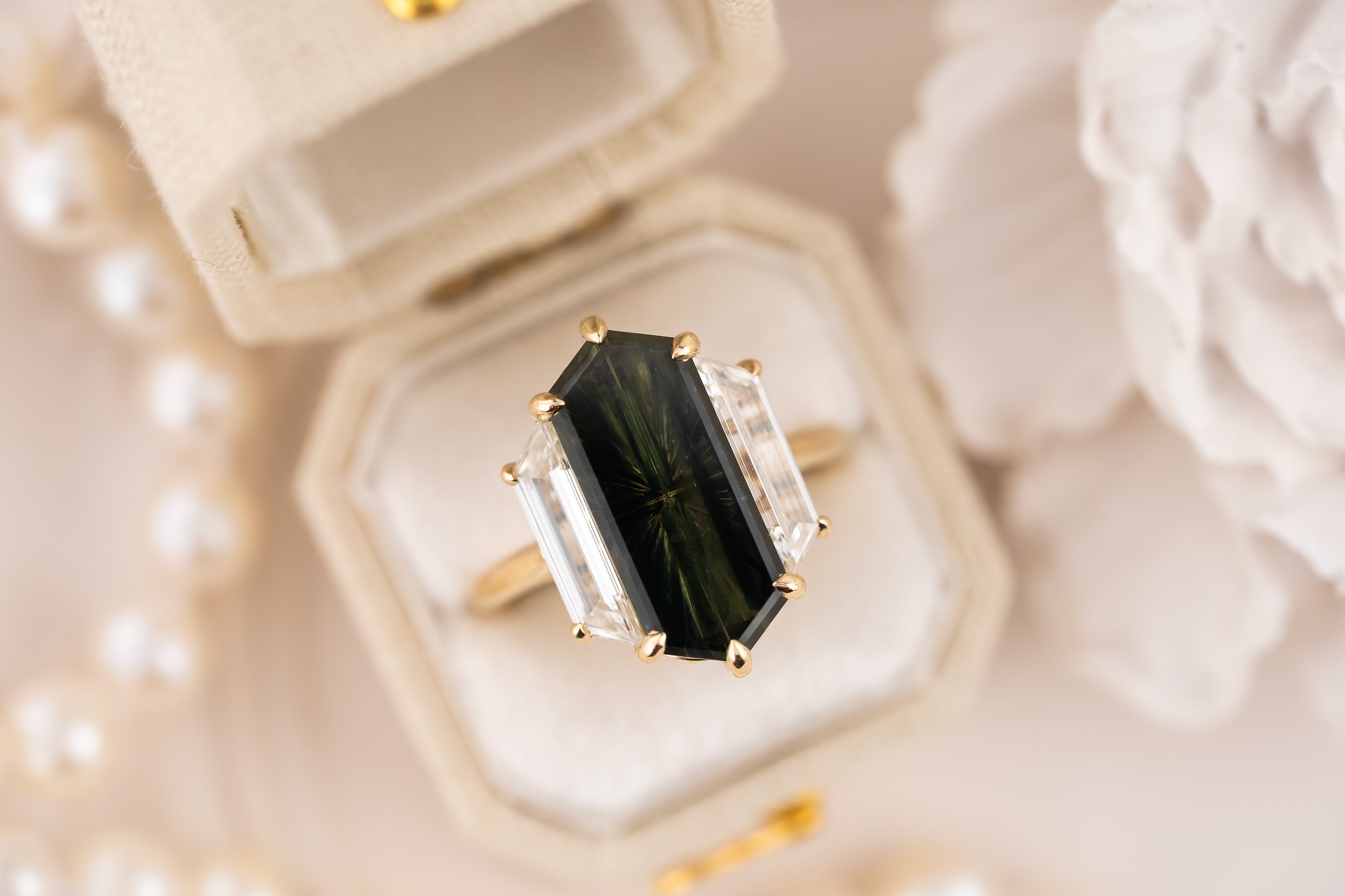 The Tria Ring | 5.52 CT Elongated Hexagon Starbrite™ Green Australian Sapphire - Lavender Creek Gems 