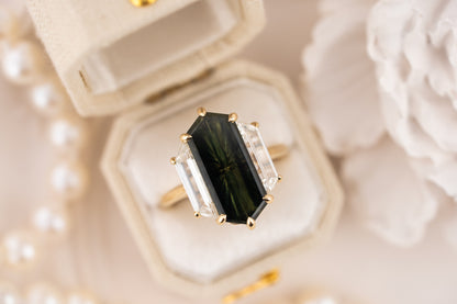 The Tria Ring | 5.52 CT Elongated Hexagon Starbrite™ Green Australian Sapphire - Lavender Creek Gems 