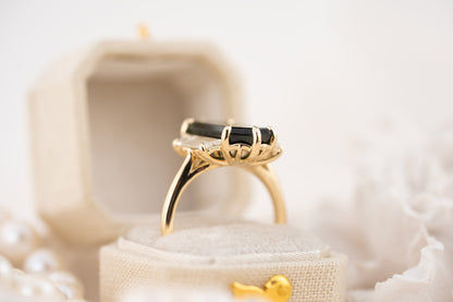 The Tria Ring | 5.52 CT Elongated Hexagon Starbrite™ Green Australian Sapphire - Lavender Creek Gems 